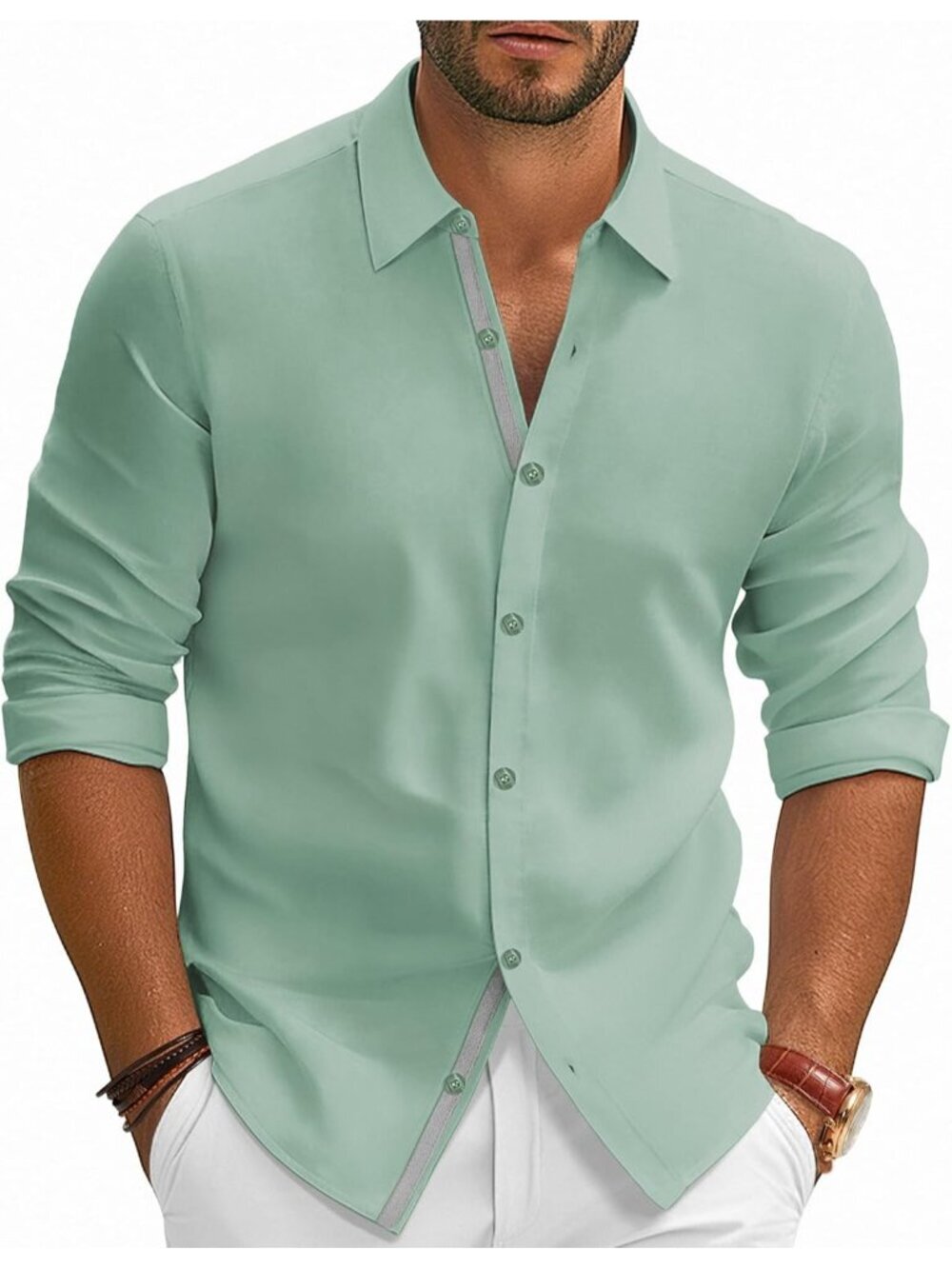 Men's Green Dress Shirt Wrinkle Free Stretch Button Down Casual Slim Fit - Picture 1 of 6